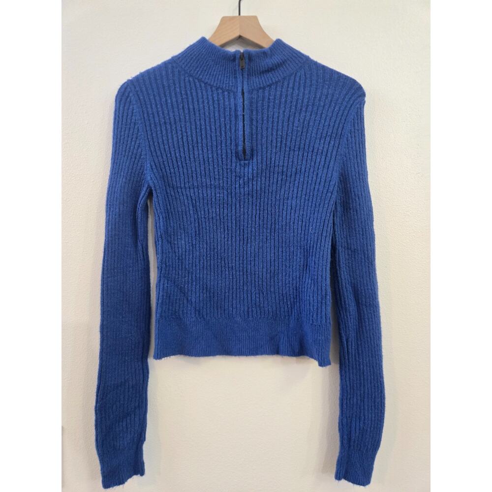 American Eagle Women’s Blue Ribbed Mock Neck Zip Sweater Size M – Long Sleeve So